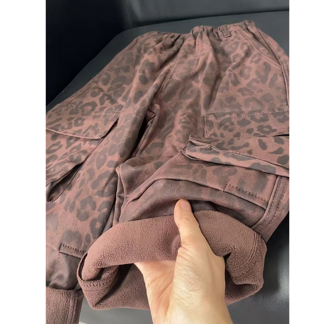 508039  韩版男女童新款时尚儿童洋气百搭秋冬豹纹加绒休闲裤