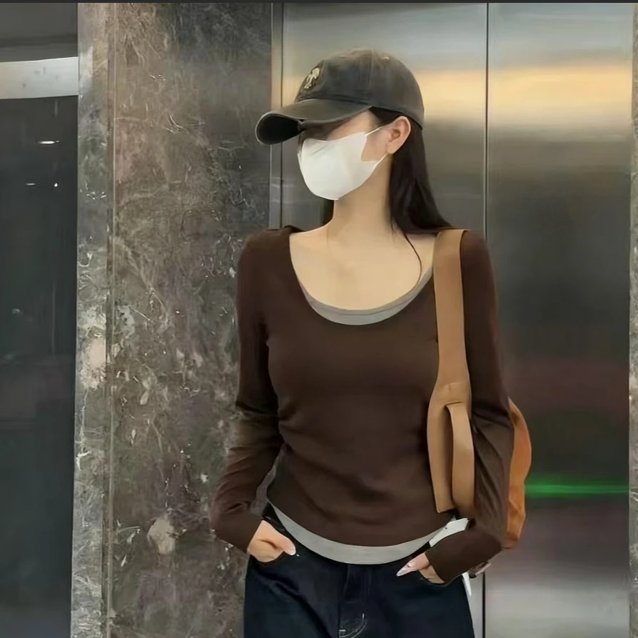 2025秋冬韩版气质撞色假两件修身显瘦洋气百搭简约款打底衫9092