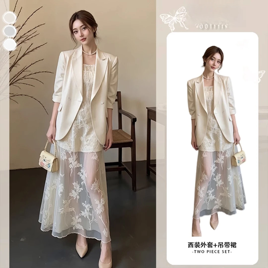 2025夏季大码小香风白色西装外套吊带网纱连衣裙两件套装女微胖mm