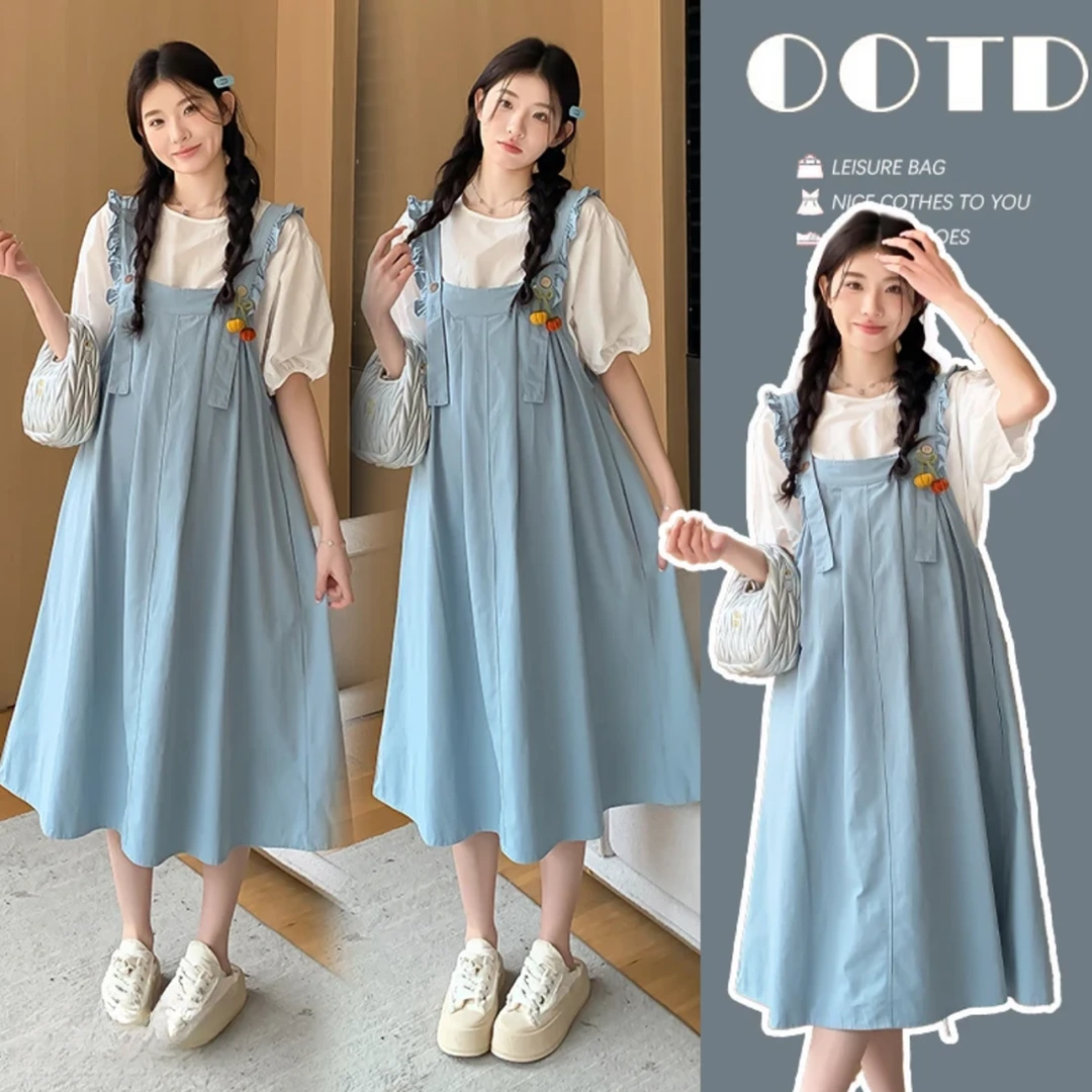 卡卡~夏季时尚短袖上衣背带裙两件套洋气穿搭