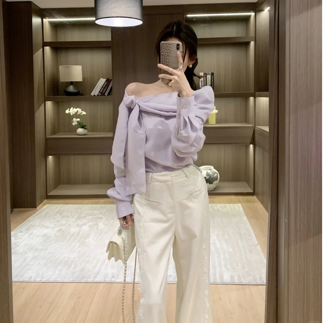 一字肩衬衫女2025夏季新款法式气质设计感蝴蝶结绝美上衣长袖衬衣