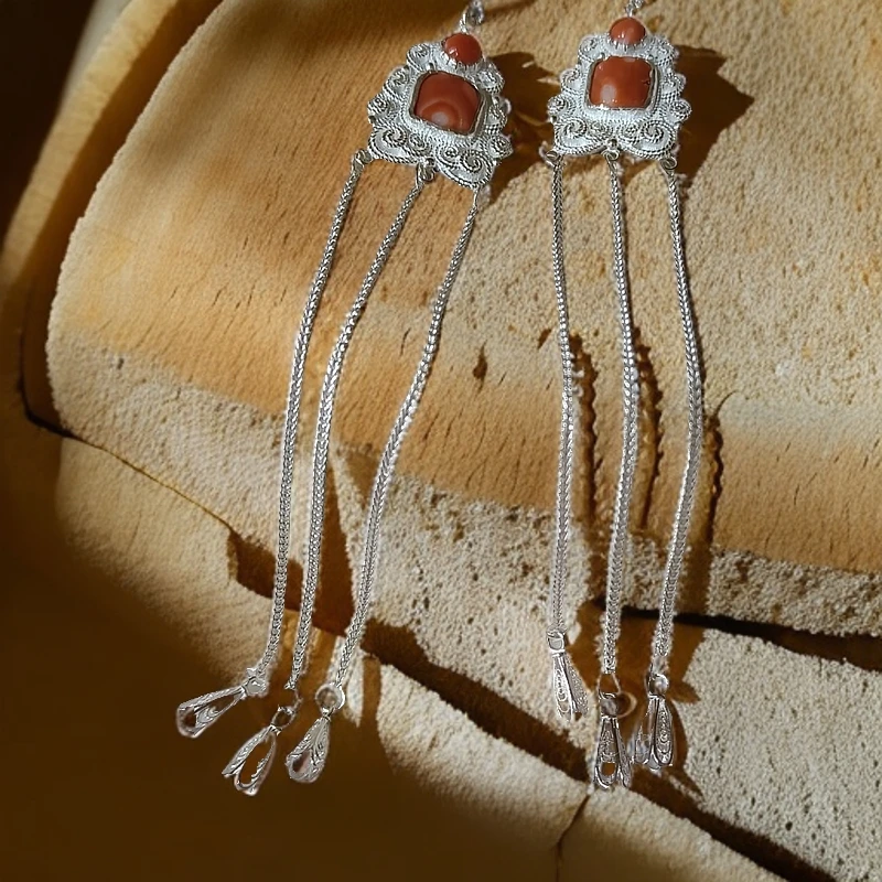 足银耳饰 蒙古元素 原创设计 手工制作 老旭日长款民族风古典