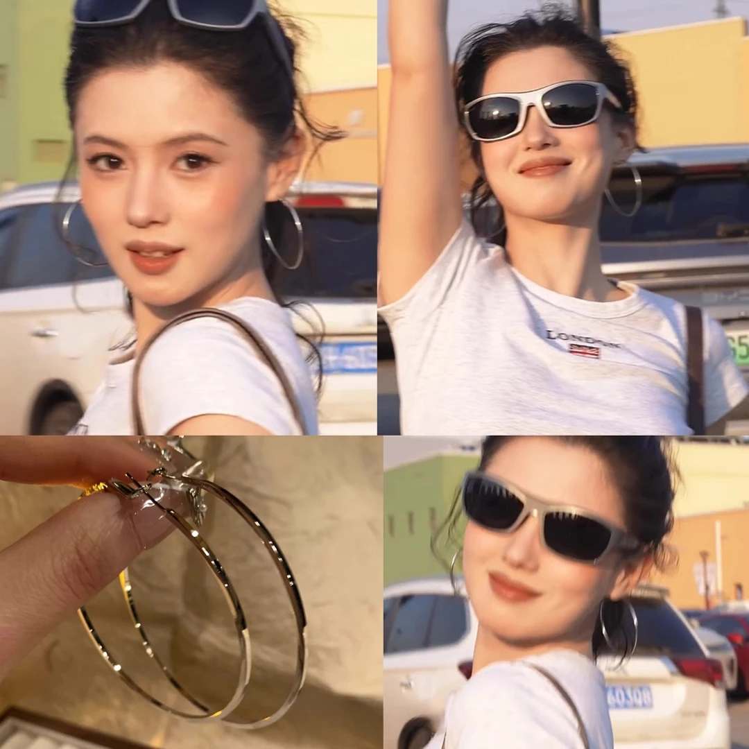 钛钢耳饰 港风复古~金属显脸小夸张圆圈耳钉耳环适合方圆脸耳饰女