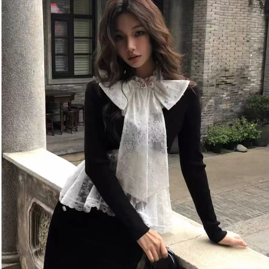 秋冬韩版长袖镂空衬衫显瘦蕾丝拼接夏季气质打底衫网红洋气