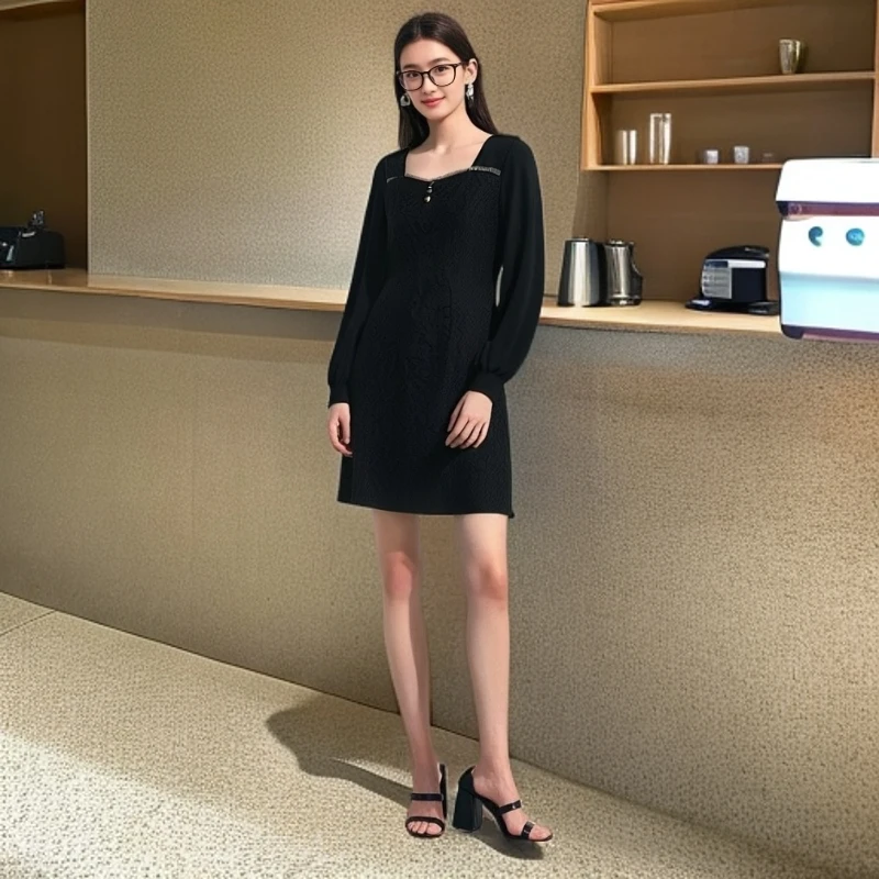 九分袖拼接轻熟风打底流苏秋季高腰少女风法式气质黑色时尚连衣裙