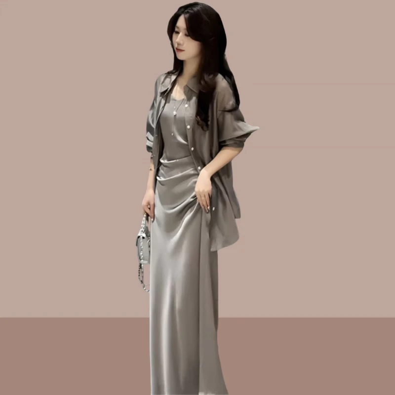 2025夏季新款女士时尚穿搭套装蓝色薄款防晒衬衫吊带连衣裙两件套