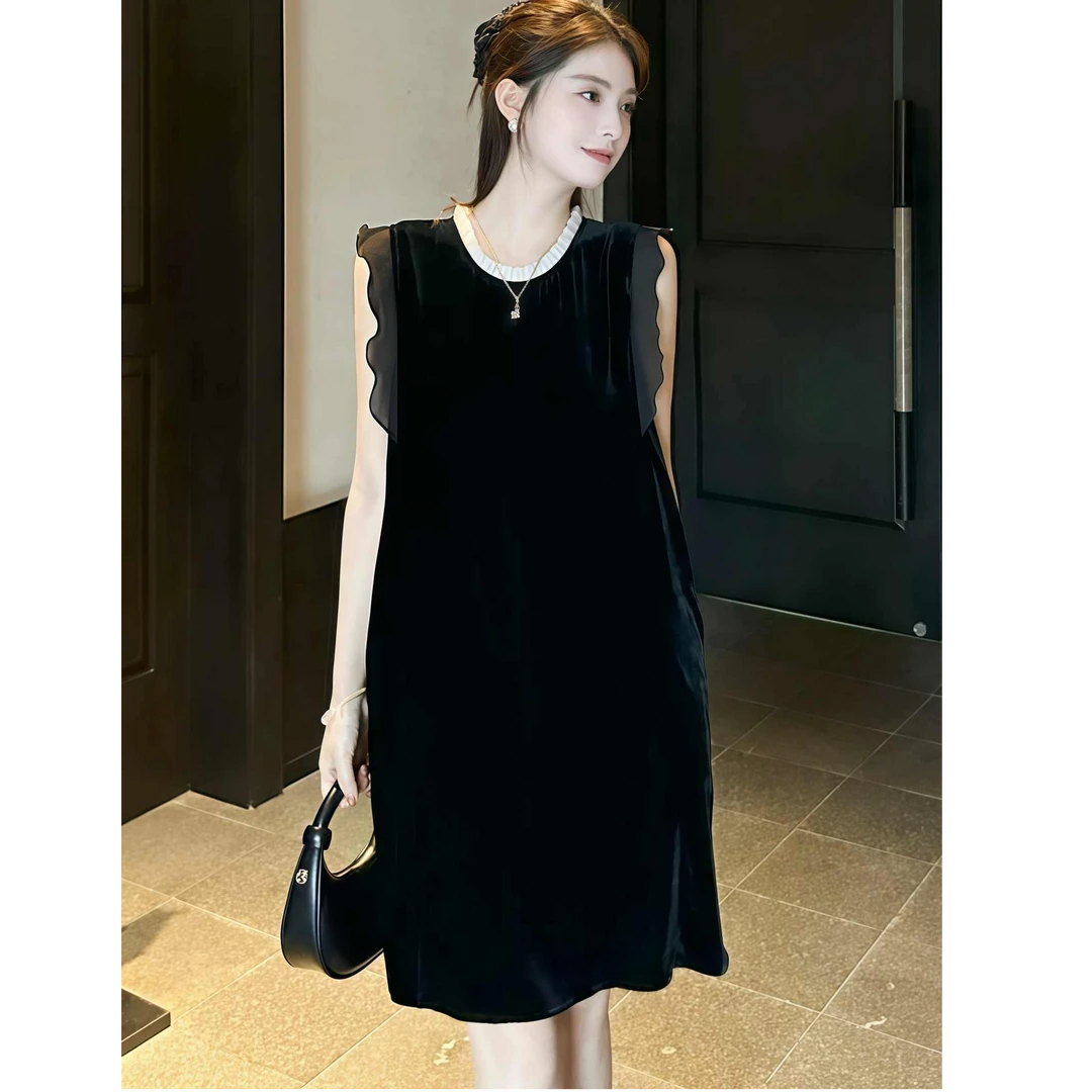 法式赫本风黑色蕾丝无袖连衣裙女2025新款夏季宽松设计感气质短裙
