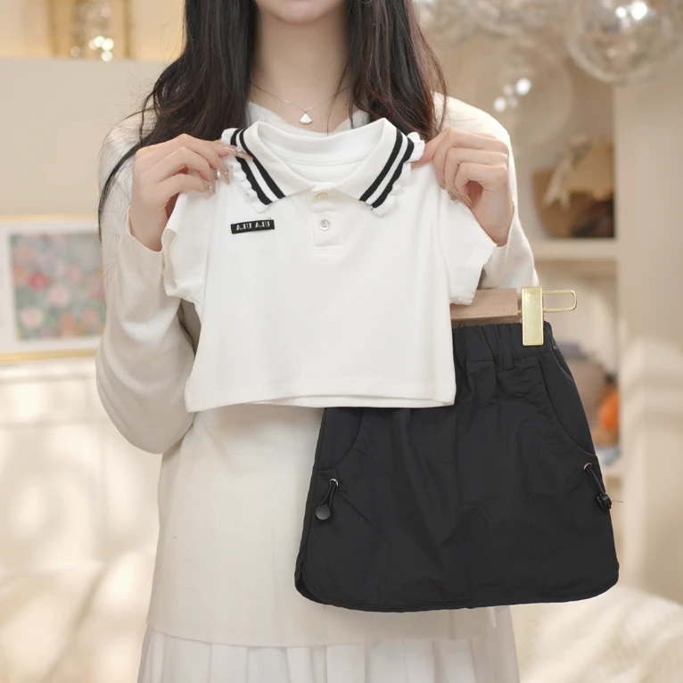 2025夏季新款女童百搭套装中大童经典条纹短袖＋纯色短裙两件套