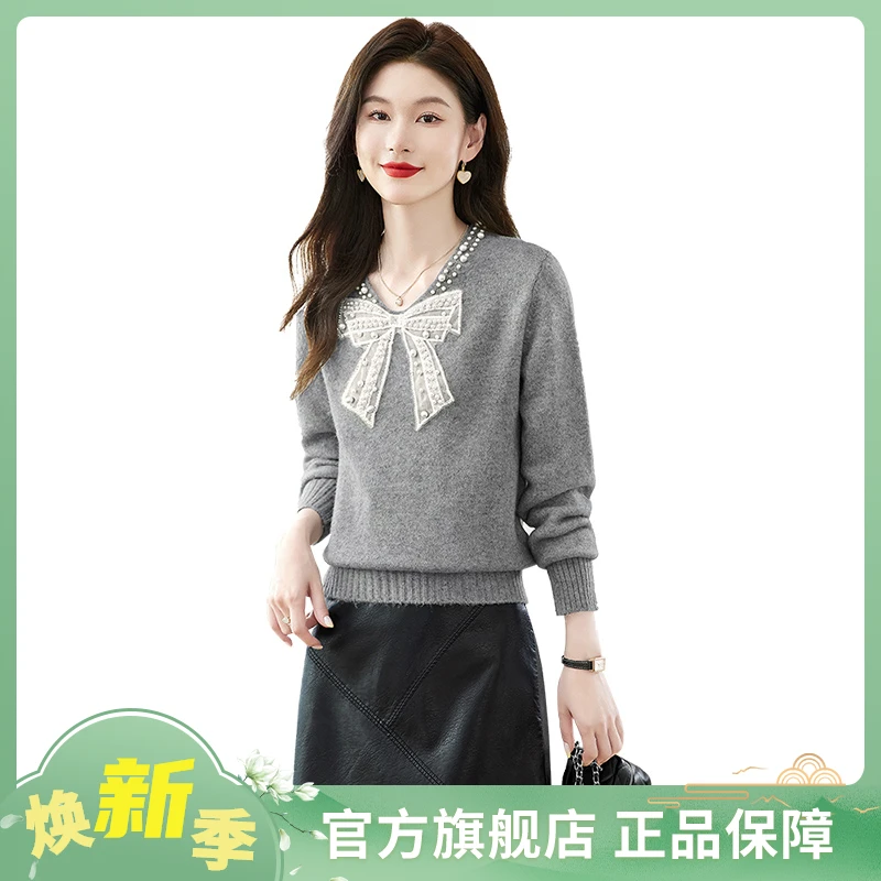 2025秋装新款女装时尚甜美V领套头长袖蝴蝶结钉珠针织衫S43H0021Z