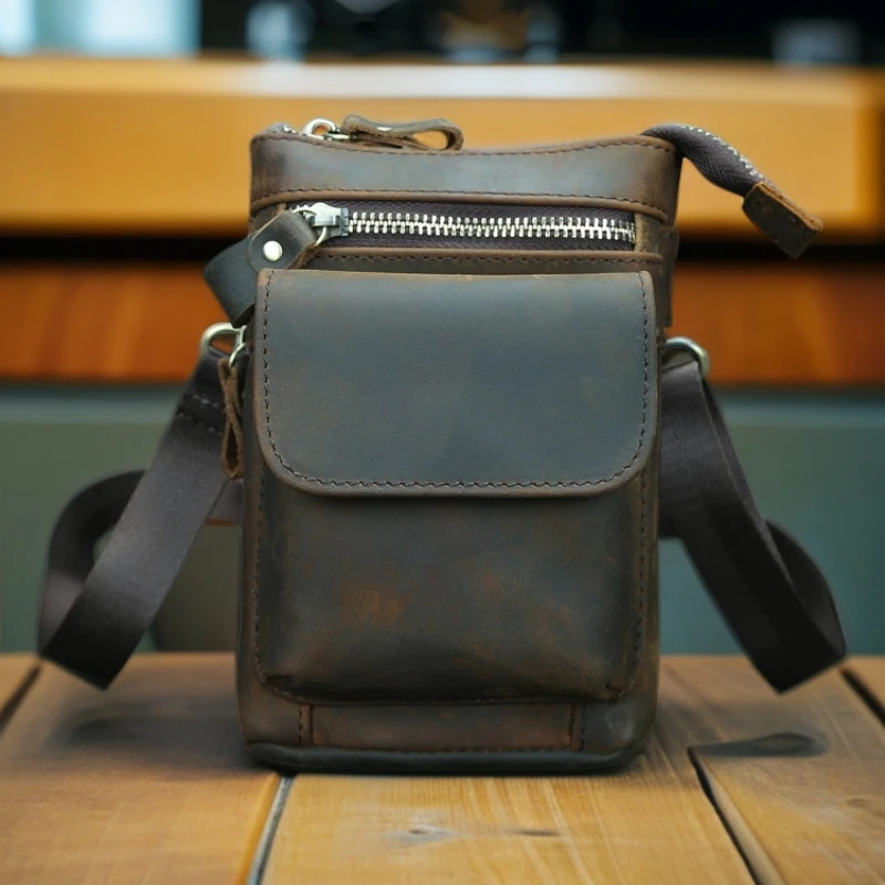 复古头层腰包多功能户外7寸手机包头层带挂钩穿腰带斜挎包