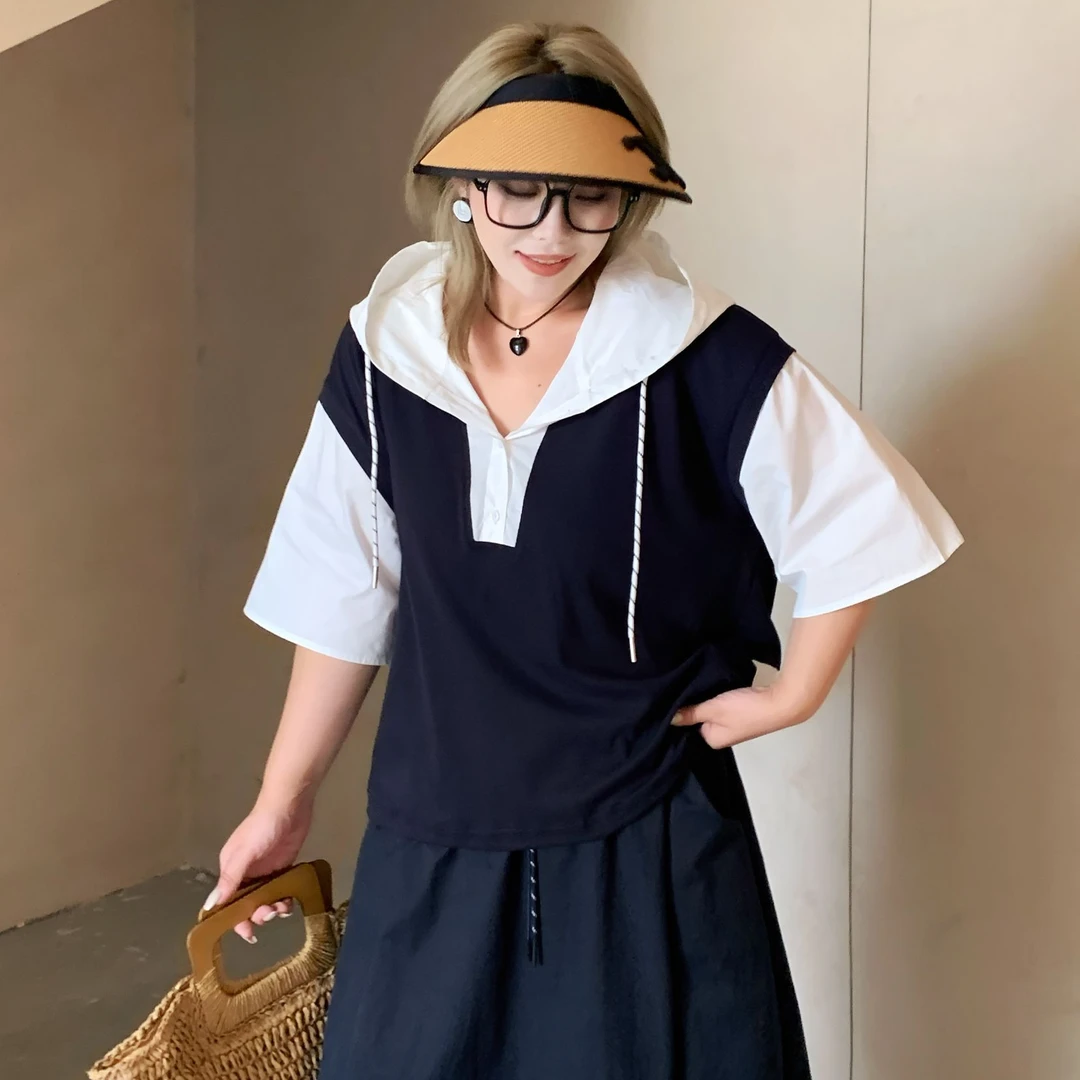 媛子大码小众撞色连帽T恤运动时尚宽松韩版假两件学院风短袖