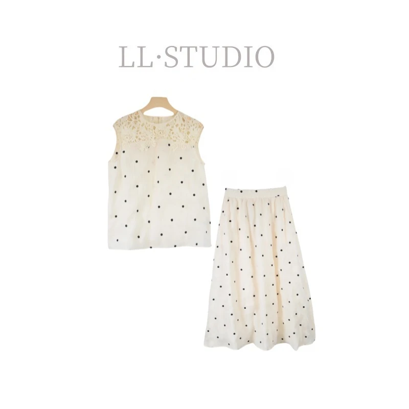 妙兮·LL夏季新款韩系气质无袖圆领波点上衣+中长裙套装*20250739
