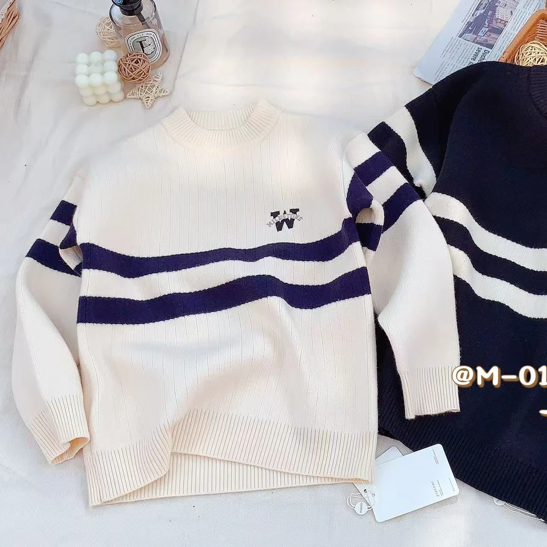 MY 2024秋冬新款刺绣W拼条纹加厚毛衣 M-018