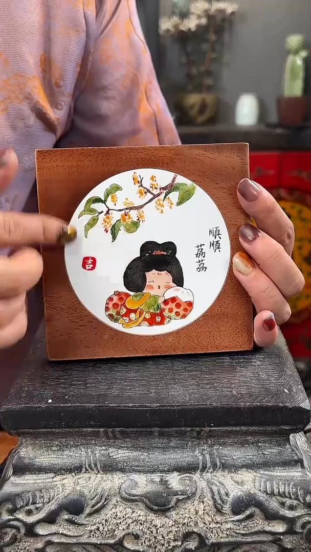 陶瓷釉上彩瓷片胡桃木杯托隔热垫