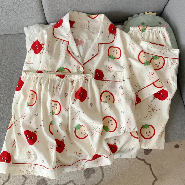 新款夏季云朵棉睡衣女短袖三件套烟花卡通学生家居服宽松薄款套装