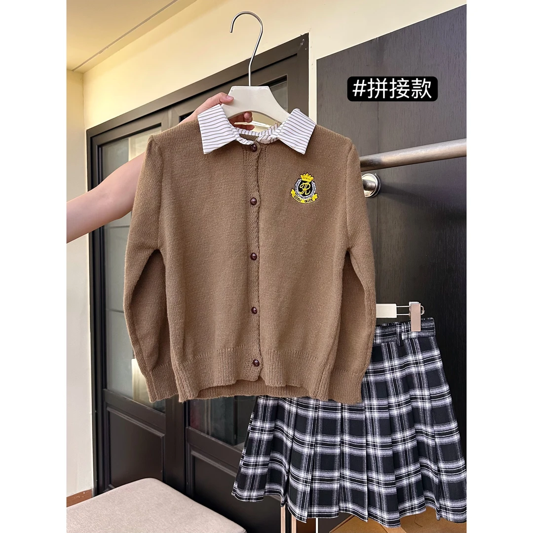 J13韩系学院风Polo领针织衫女假两件2025秋冬季减龄百搭开衫毛衣