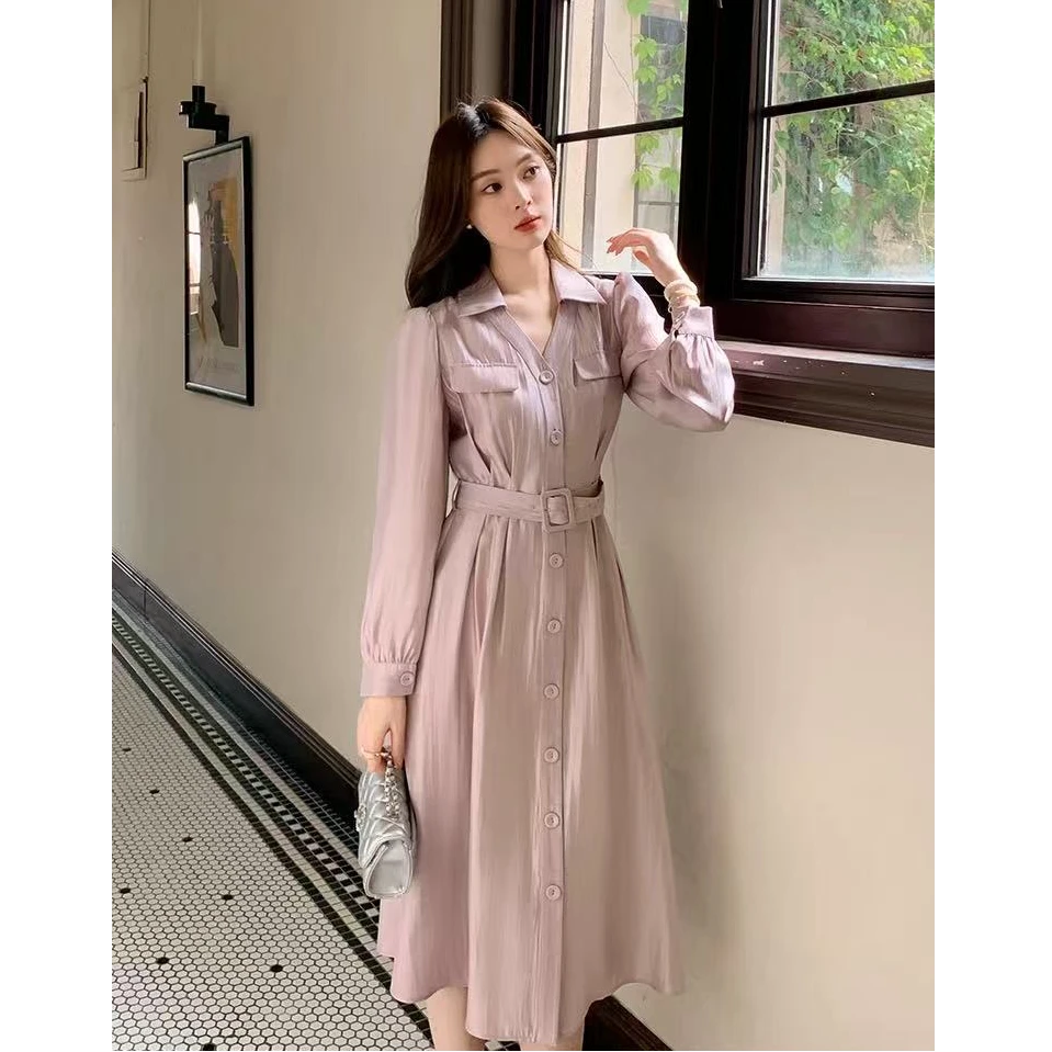 2025新款春秋季法式高级感浅紫色显瘦衬衫裙连衣裙女长袖5096