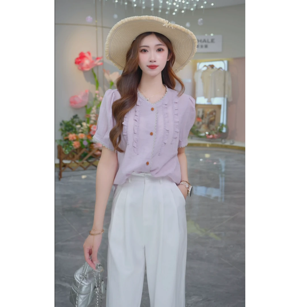 【紫气香雾】马克华菲女装夏季气质设计感短袖上衣百搭时尚网红气质