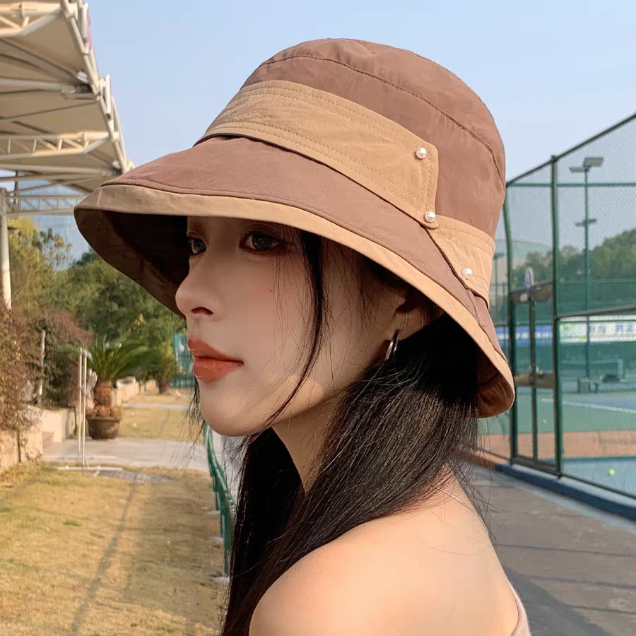 春夏新款季速干珍珠渔夫帽防晒时尚拼色优雅百搭遮阳帽显脸小女士