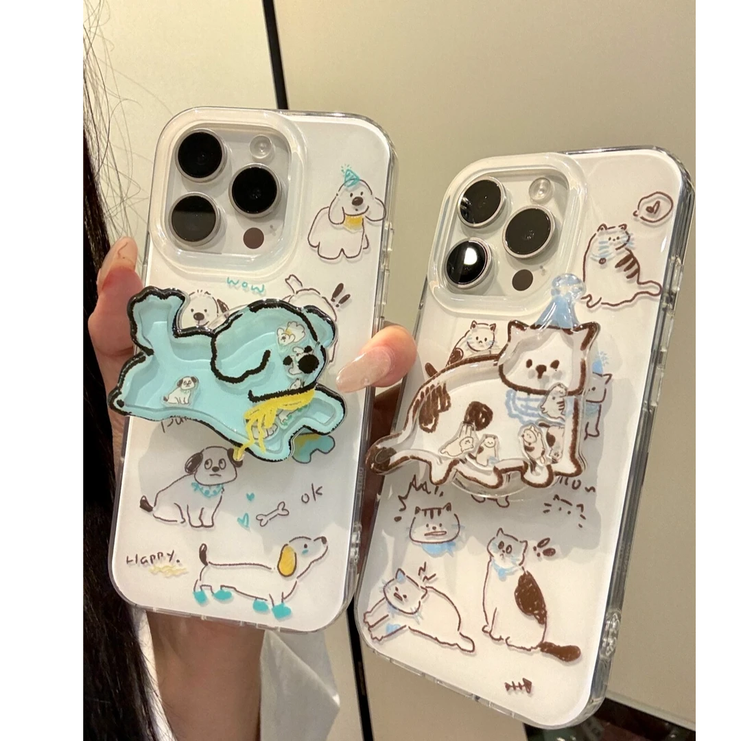 诚星泽可爱小狗小猫支架适用苹果16promax手机壳华为vivo小米荣耀