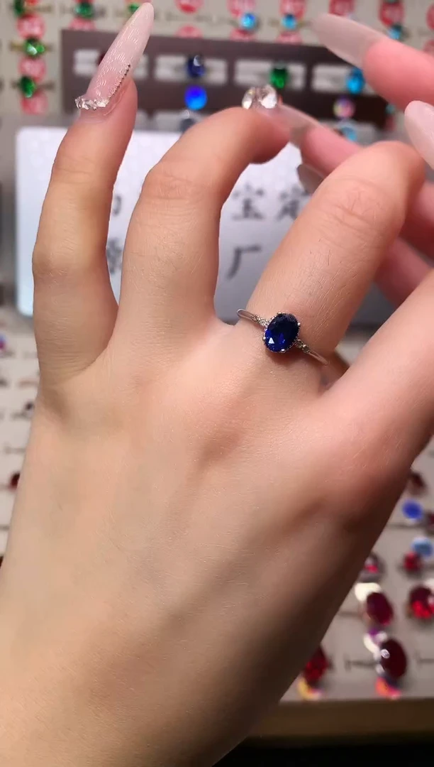 戒指蓝宝石银S925镶嵌5*7 银托