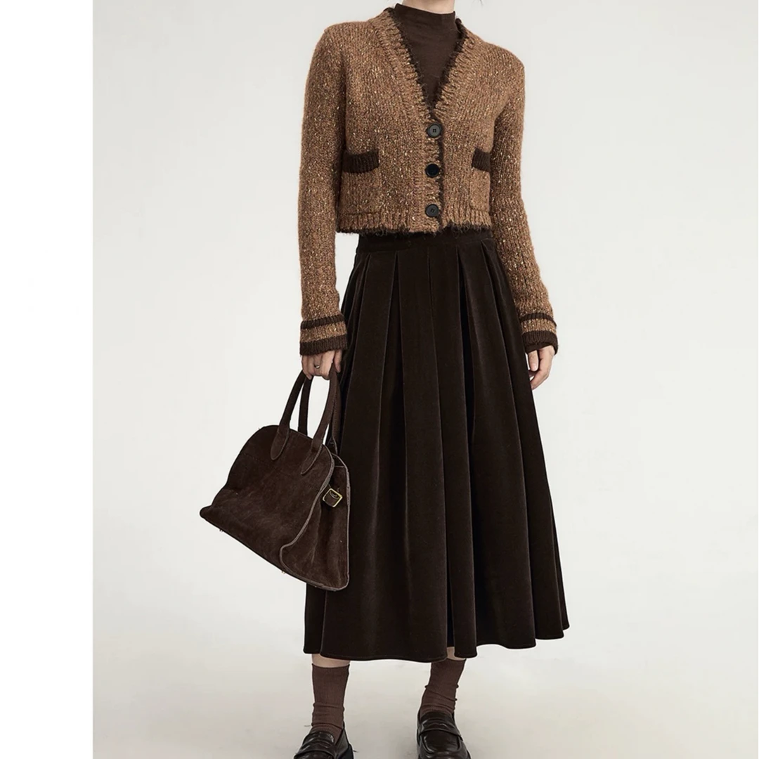 盐系一整套秋冬季小香风撞色显瘦厚开衫毛衣a字半身裙套装女