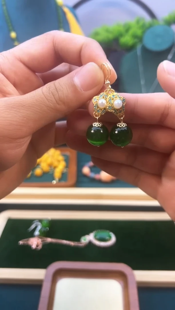 碧玺猫眼耳饰14K金镶嵌E56