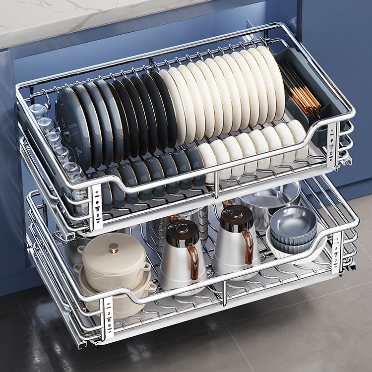 百悍拉篮厨房橱柜碗篮抽屉式双层调味拉篮304不锈钢调料拉篮碗架