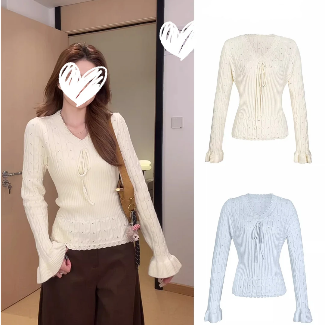 韩系镂空V领长袖针织打底衫女秋冬毛衣内搭气质收腰修身纯欲上衣
