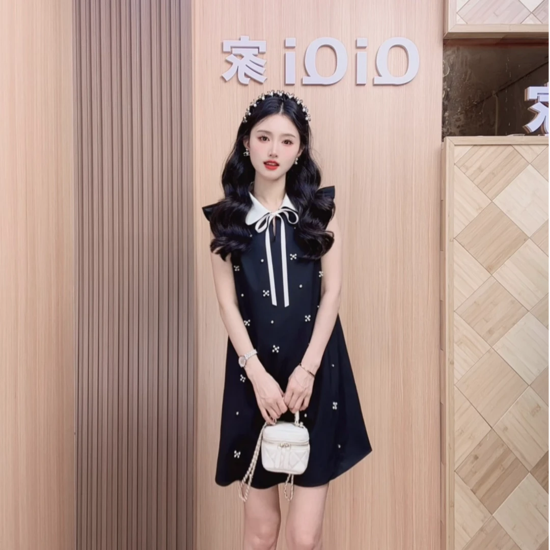 QiQi家 【甜心小飞袖】气质时尚娃娃领连衣裙小香风洋气黑色夏款