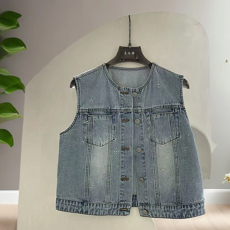 【名衣扬】带钻牛仔背心马甲~前两包带钻百搭牛仔无袖马夹