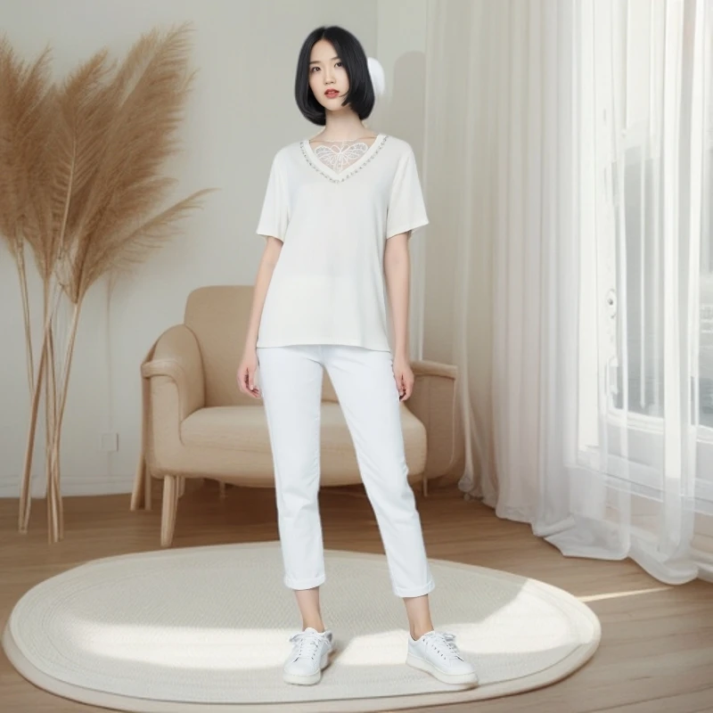 【芮娜依莲】T设计师极简风V领T恤-5198