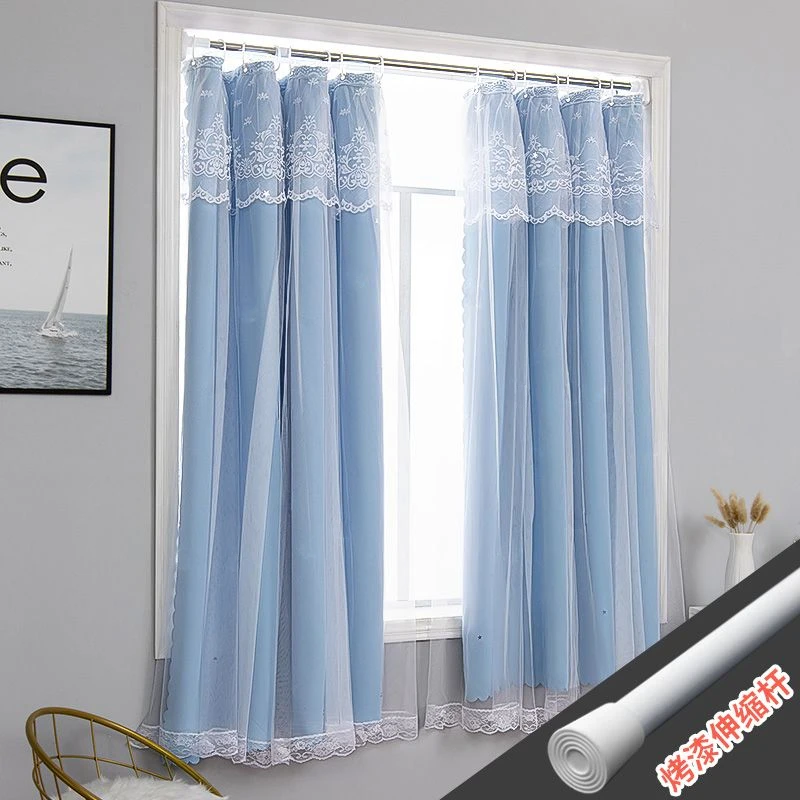 【送杆一套】全遮光窗帘免打孔安装遮阳隔热飘窗出租房双层布纱一体