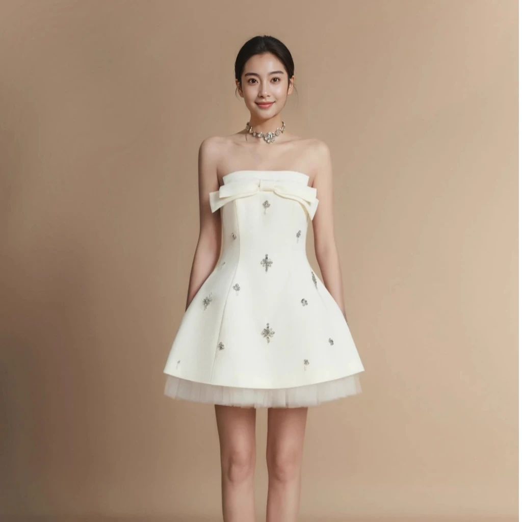 2025春季新款法式高级感重工刺绣蝴蝶结连衣裙女白色一字肩裙子