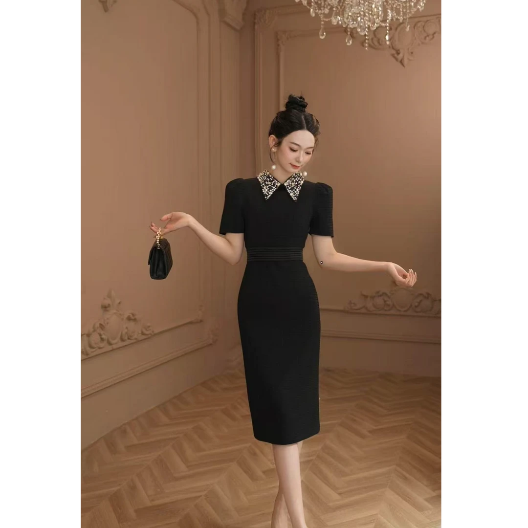 法式重工钉钻时尚气质名媛收腰显瘦高级感长款包臀连衣裙65348