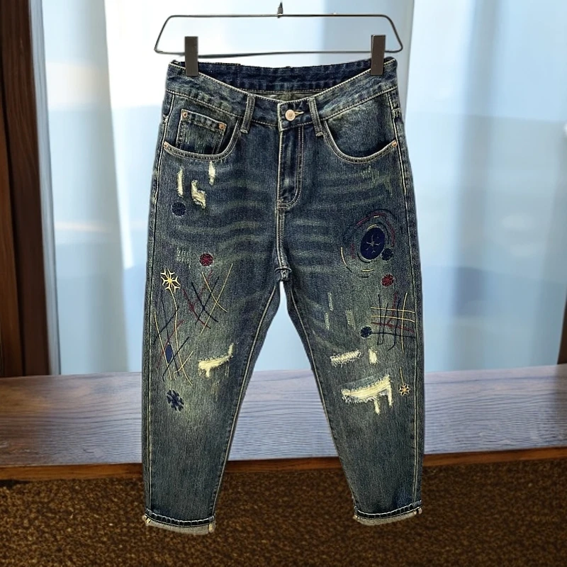 新中式刺绣做旧潮流牛仔裤男士男款百搭宽松男士痞帅牛仔裤