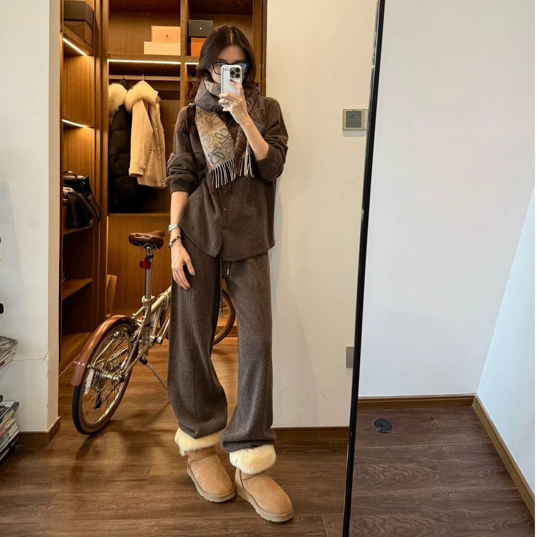 韩系慵懒风长袖针织开衫上衣休闲时尚高腰显瘦阔腿裤两件套女秋冬