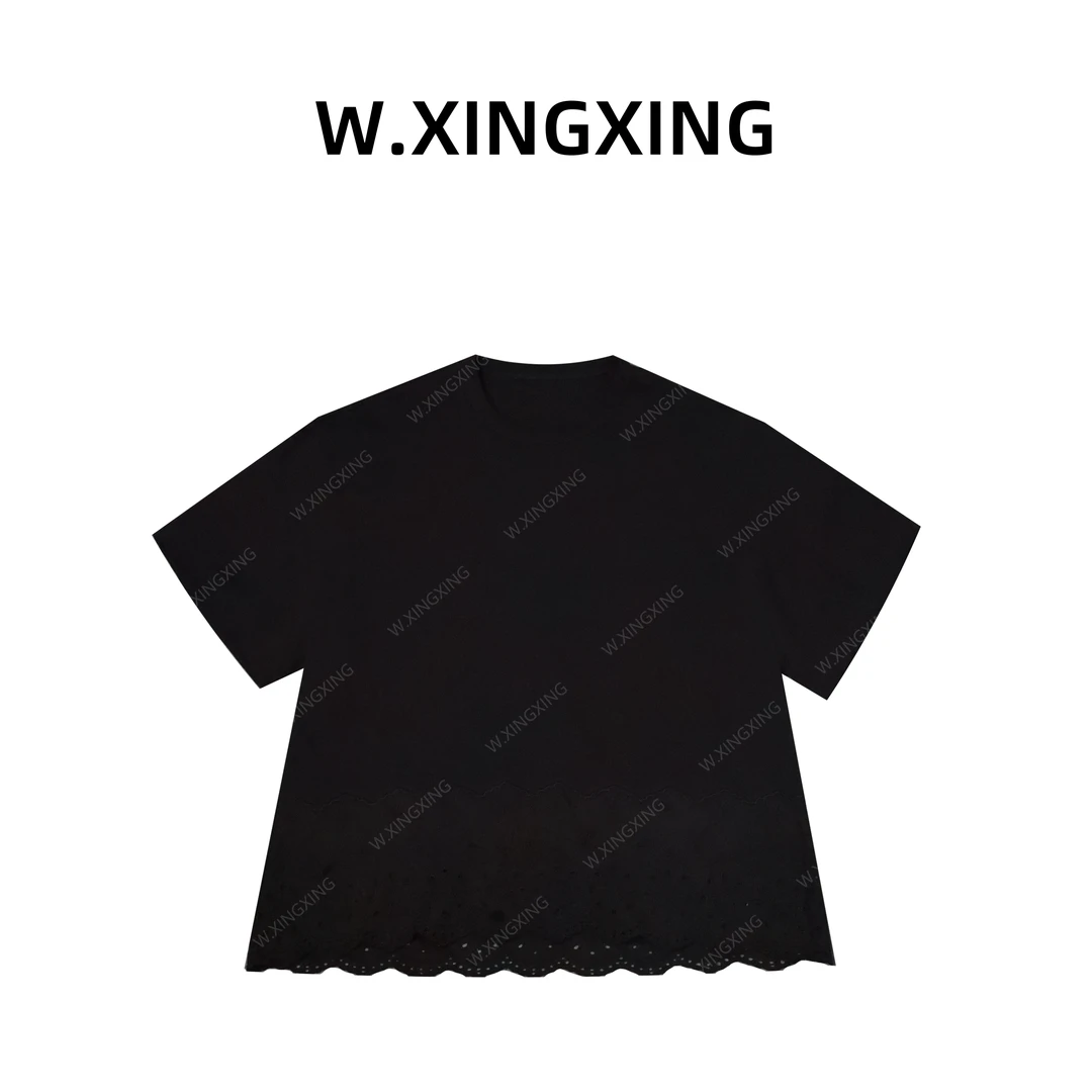W.XINGXING“轻柔”拼接镂空绣花棉短袖T恤