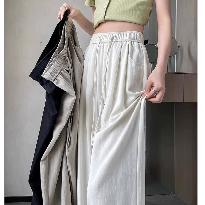 松紧腰垂感冰丝 棉麻阔腿裤女夏2025新款直筒微喇山本阔腿休闲裤