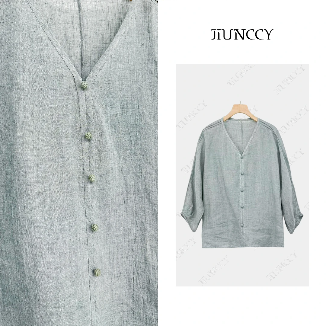 JIUNCCY【青湖】100亚麻侧袖拼接镂空蕾丝手工包扣V领上衣 52YCY047