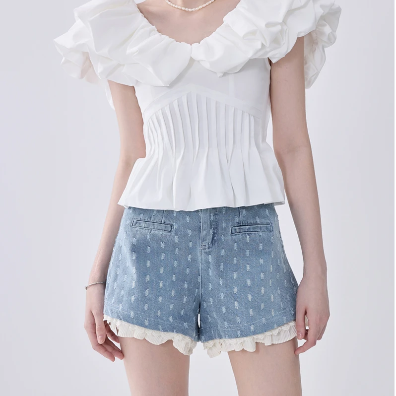 琳心丨夏季新款时尚百搭花边拼接超大蝴蝶结牛仔短裤 6060