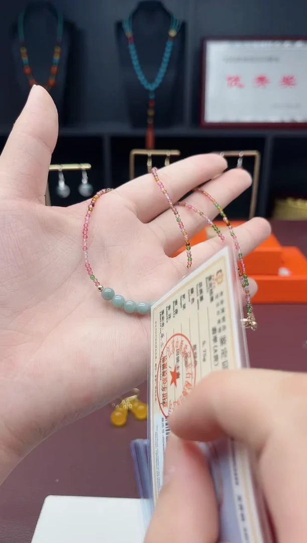银S925镶嵌翡翠耳饰圆珠翡翠锁骨链