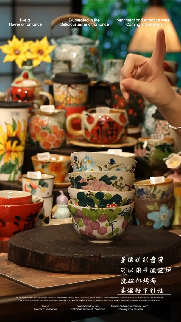 陶瓷四件套景德镇高温釉下彩手工手绘款式