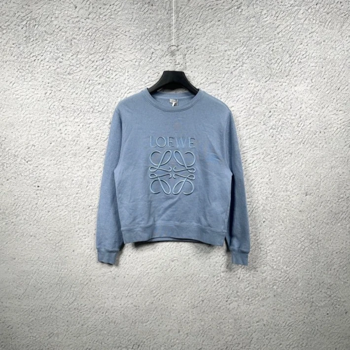 99新 LOEWE/罗意威 灰蓝色刺绣大Logo圆领套头卫衣/ XS