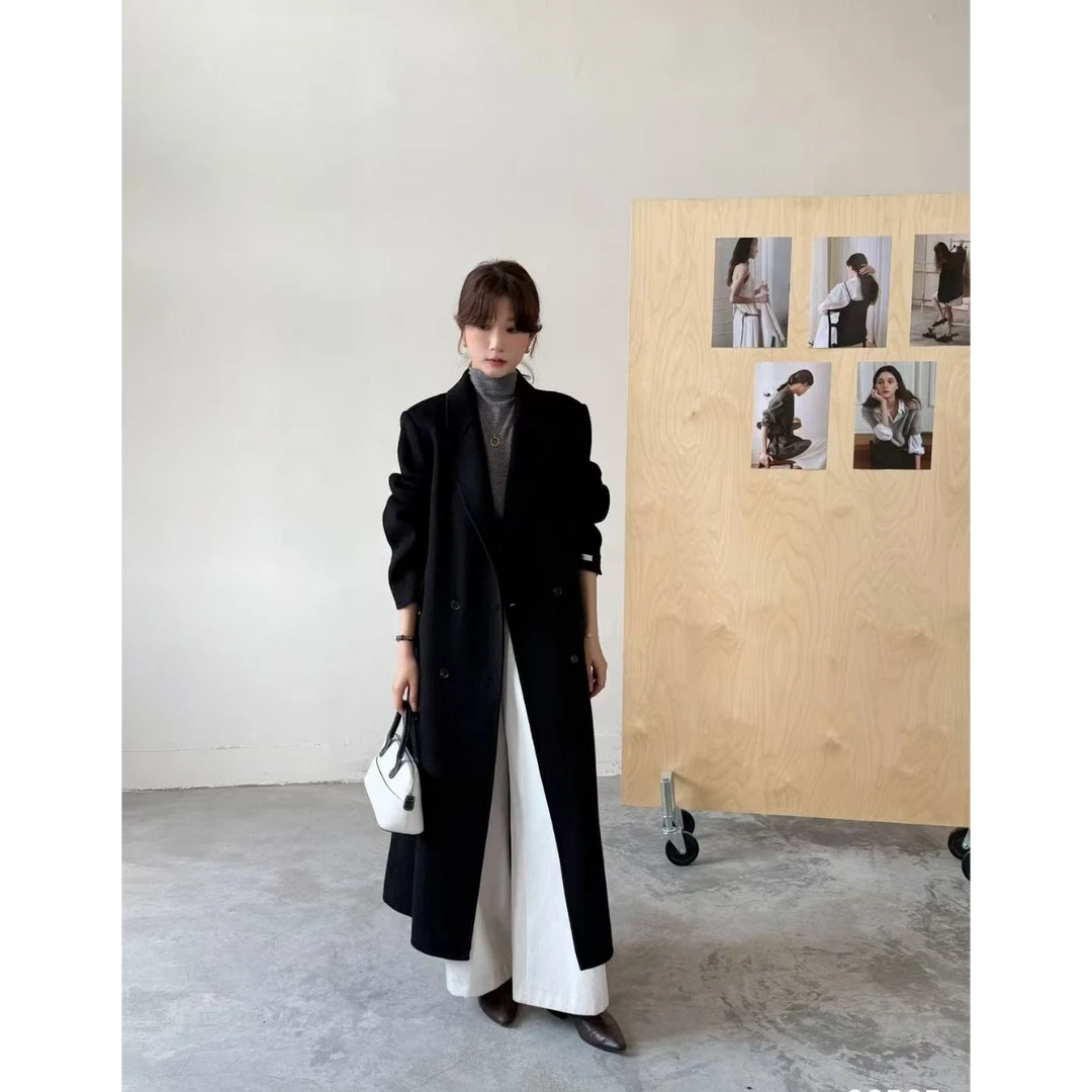 西西  韩版双排扣显瘦带垫肩长款羊毛大衣（需干洗~）