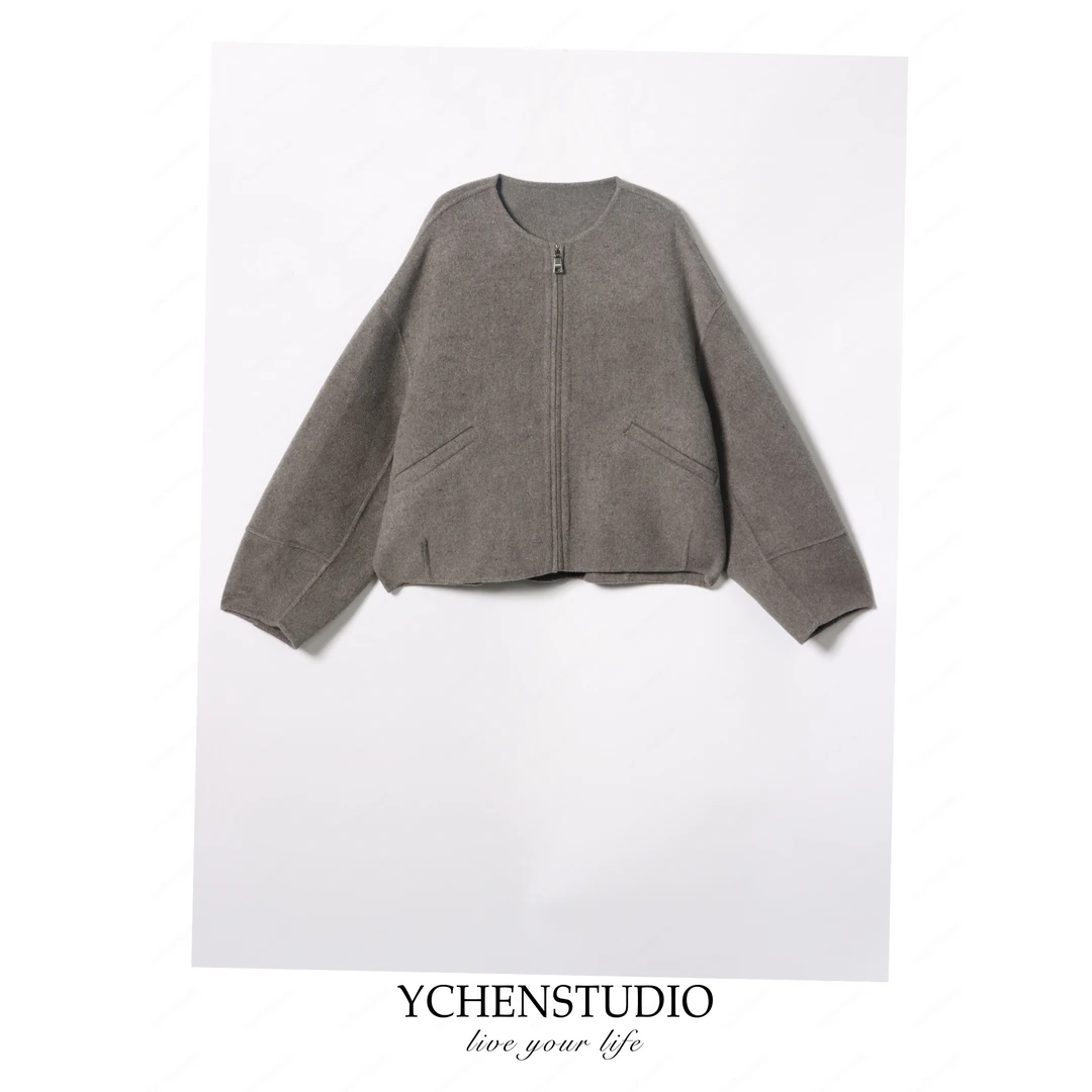 YC【灰感】秋冬新款双面绒大衣百搭宽松无领柔糯休闲拉链短款大衣