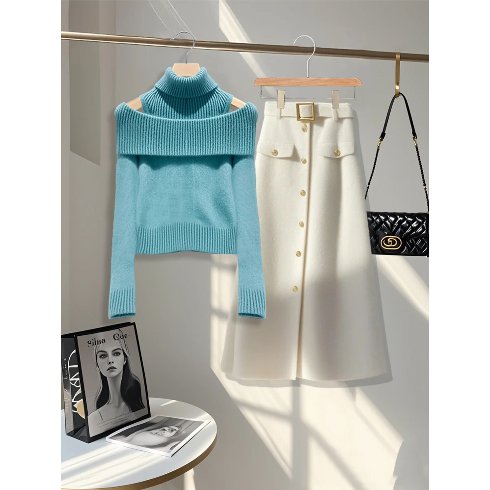 韩系设计感假两件针织毛衣女秋冬季新款高腰百搭显瘦半身裙两件套