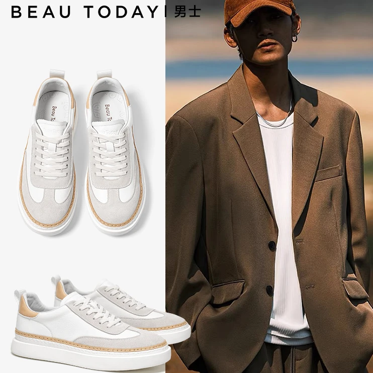 BeauToday【潮流细节完胜】双色感牛绒反毛结合真皮运动小白鞋板鞋