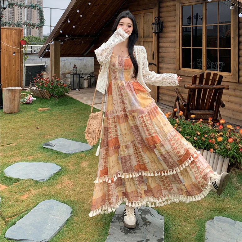 3340 大码胖mm复古波西米亚风流苏吊带裙+镂空长袖开衫两件套