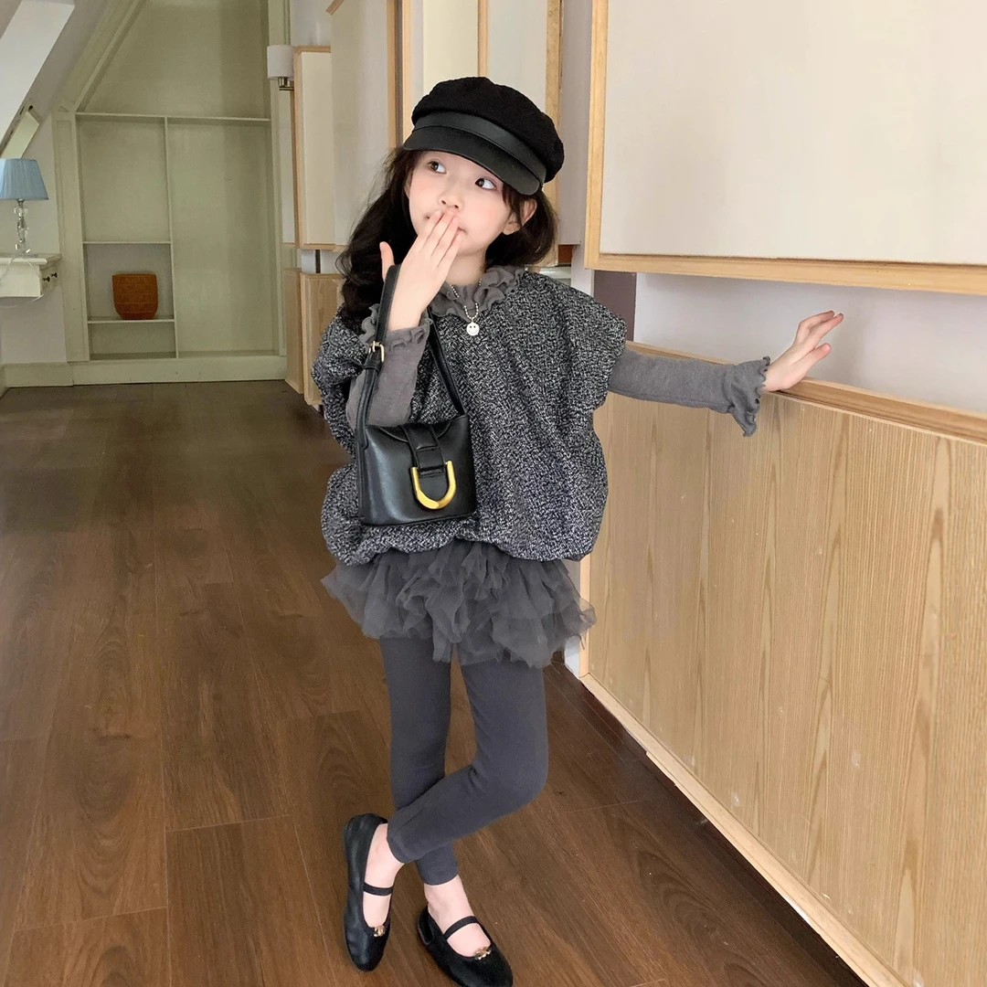 大橙子Studio女童2025秋季时髦马甲背心木耳边打底衫纱纱裙裤套装